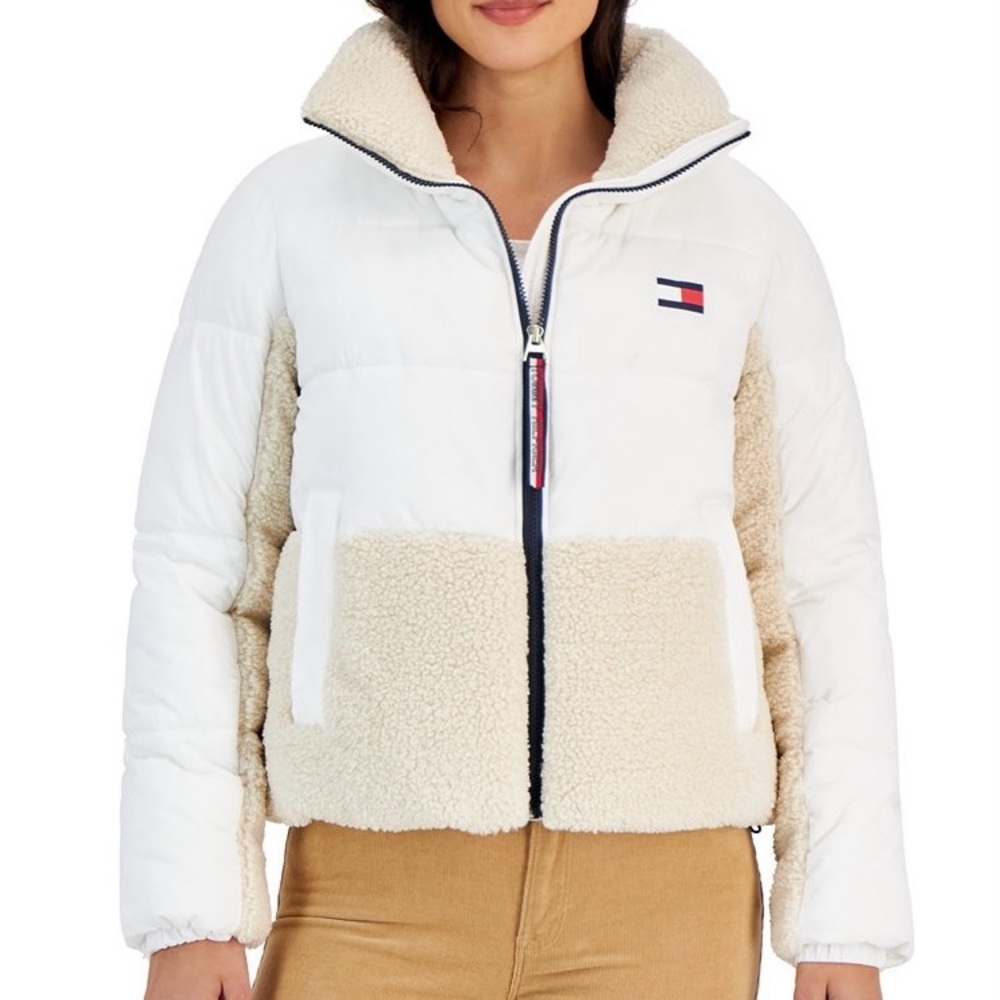Color block Mixed Media Puffer Jacket Coat